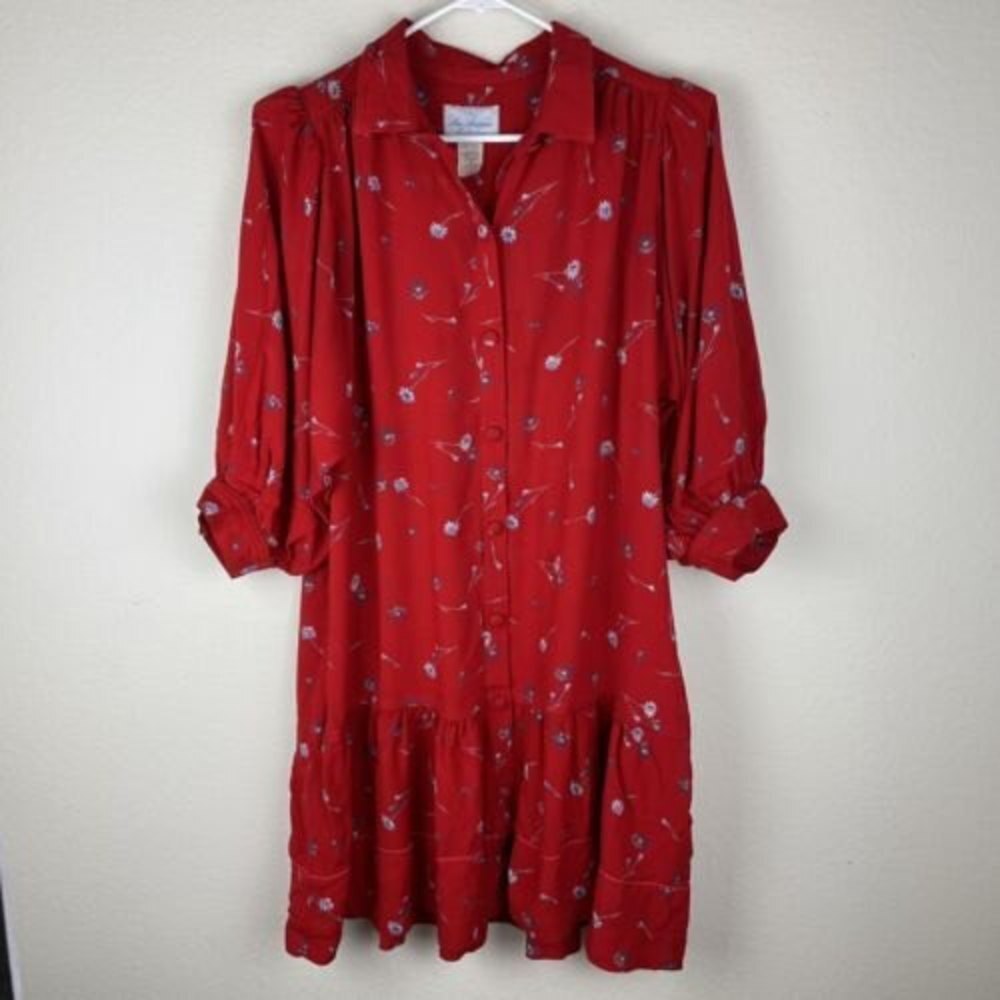 Vintage San Antonio Collection Red Floral Buttons‎ Down Dress Size 14​​​​​